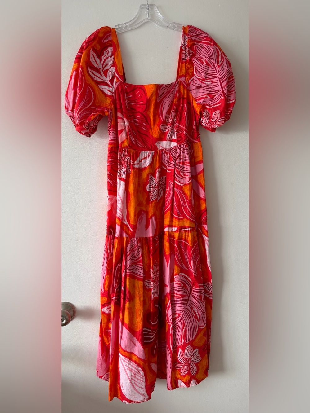 Tropical Floral Midi Dress Puff Sleeve Cottagecore Pink Orange large Crystal Sky